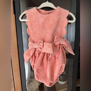 Sophie & Lucas bubble romper corduroy peach scalloped bows baby girl pumpkin